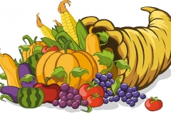 Abundance horn filled with pumpkin, corn, grapes, tomatoes, eggplant, round courgette, squash. Vegetable basket vector illustration.
